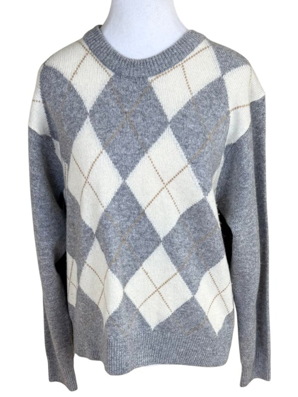 Uniqlo 100% Wool Sweater Argyle Crew Neck Gray Ivory Camel Classic (S)